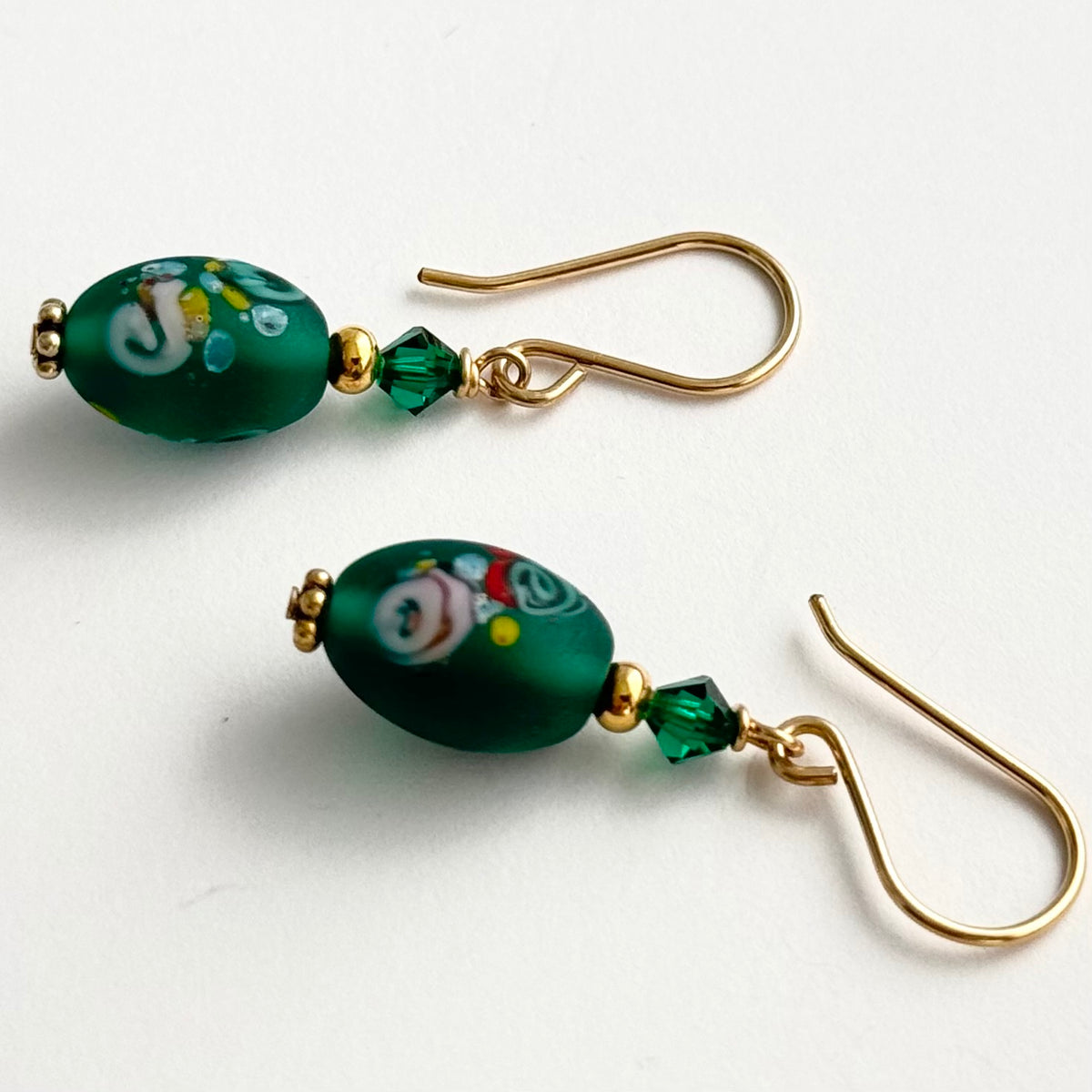 Vintage Green Czech Lampwork Earrings in Gold Fill