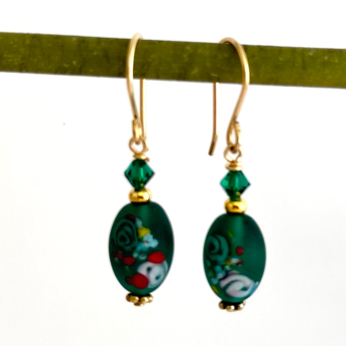 Vintage Green Czech Lampwork Earrings in Gold Fill