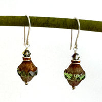 Czech Glass Green and Amber Turbine Earrings in Sterling Silver