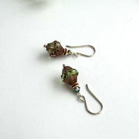 Czech Glass Green and Amber Turbine Earrings in Sterling Silver