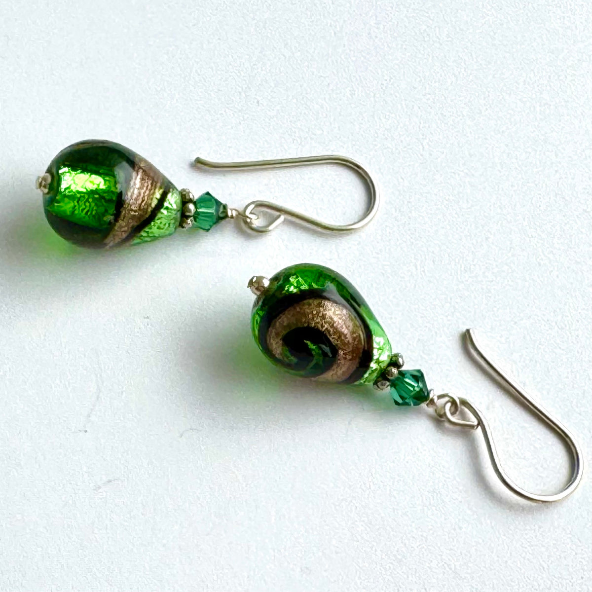 Vintage Green and Gold Lampwork Czech Glass Drop Earrings