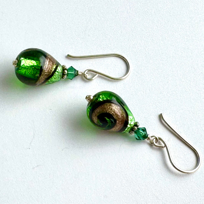 Vintage Green and Gold Lampwork Czech Glass Drop Earrings