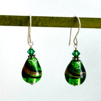 Vintage Green and Gold Lampwork Czech Glass Drop Earrings