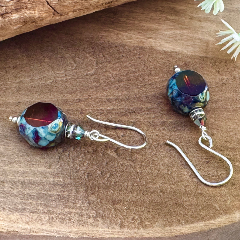 Czech Glass Red Dual Faceted Earrings in Sterling Silver