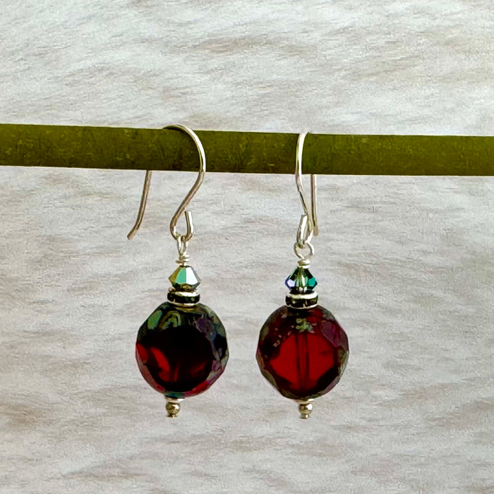 Czech Glass Red Dual Faceted Earrings in Sterling Silver