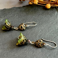 Victorian Dark Green Czech Glass Drops with Brass Heart Filigree Components in Sterling Silver