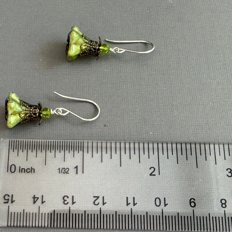 Green Czech Glass Bell Flower Bead Earrings in Sterling Silver