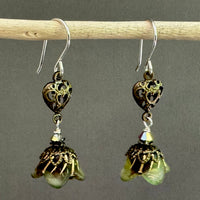 Victorian Dark Green Czech Glass Drops with Brass Heart Filigree Components in Sterling Silver