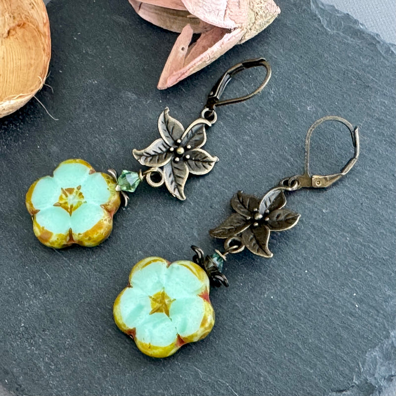 Czech glass earrings in antique brass.