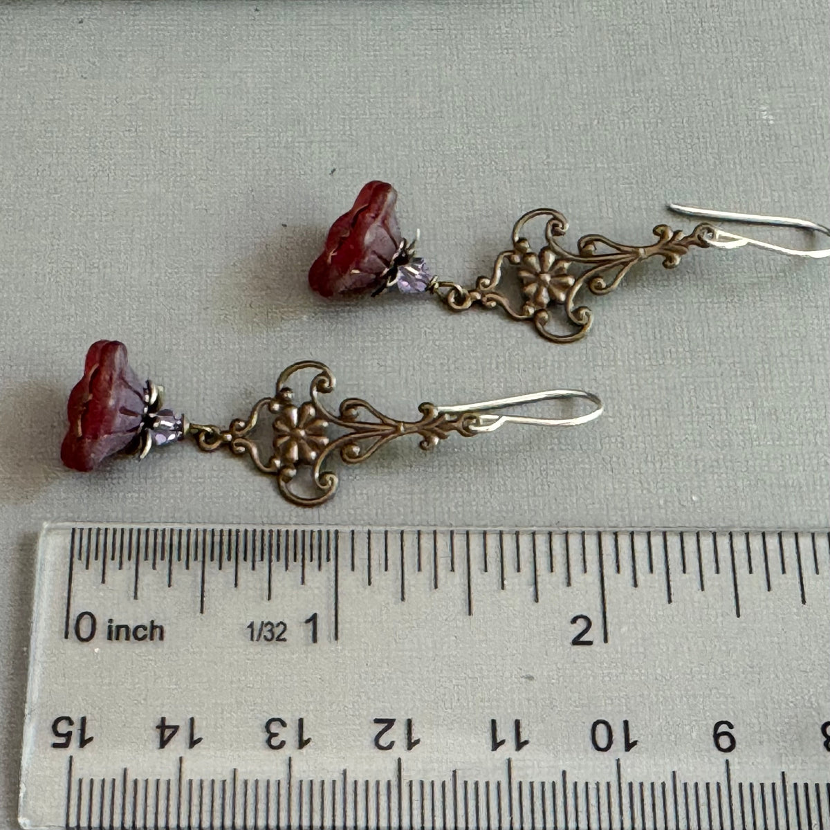 Red Czech glass earrings measure just over 2".