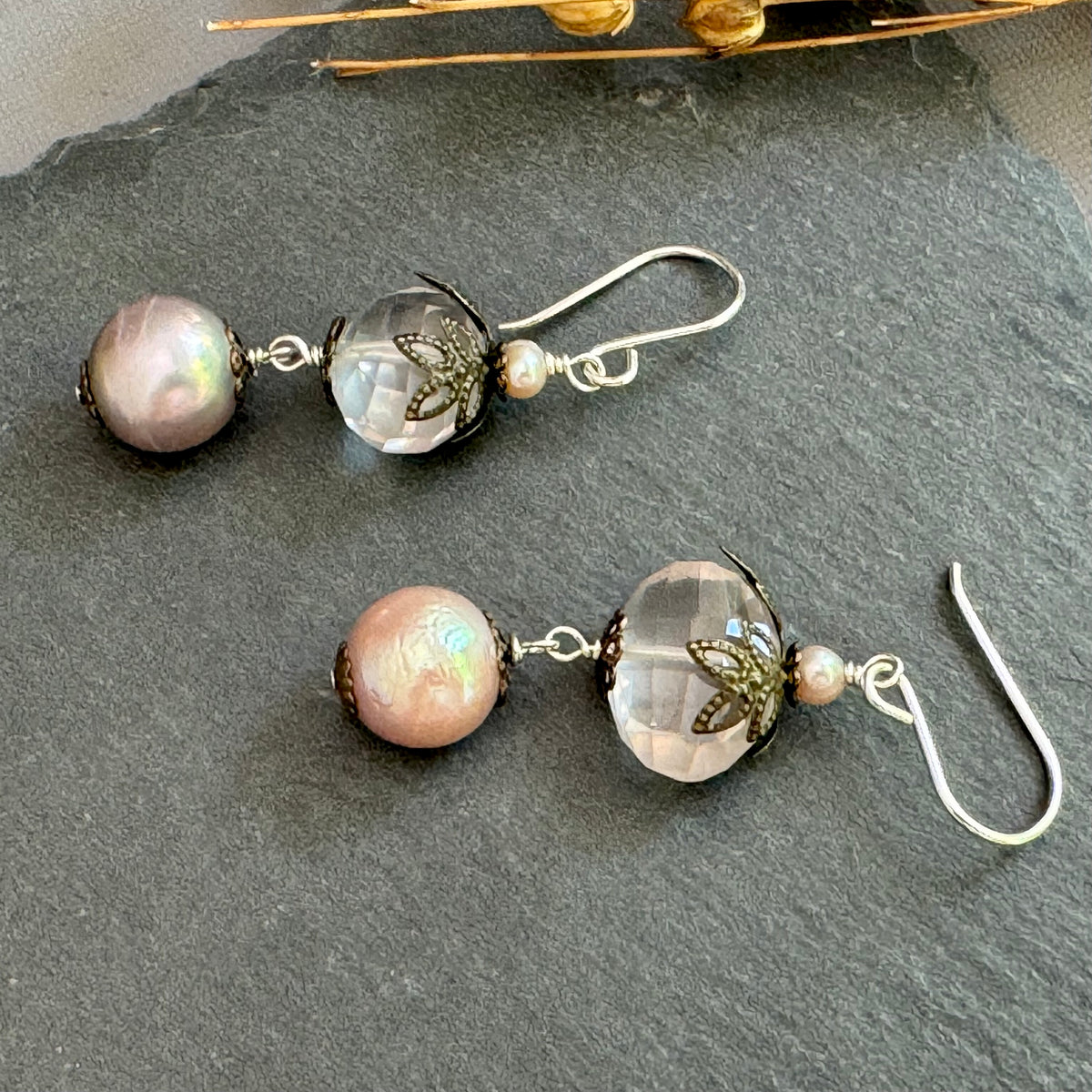 Pink pearl and rose quartz nugget earrings.
