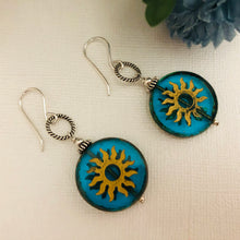 Load image into Gallery viewer, Huge Round Sun Czech Glass Bohemian Drop Earrings in Sterling Silver
