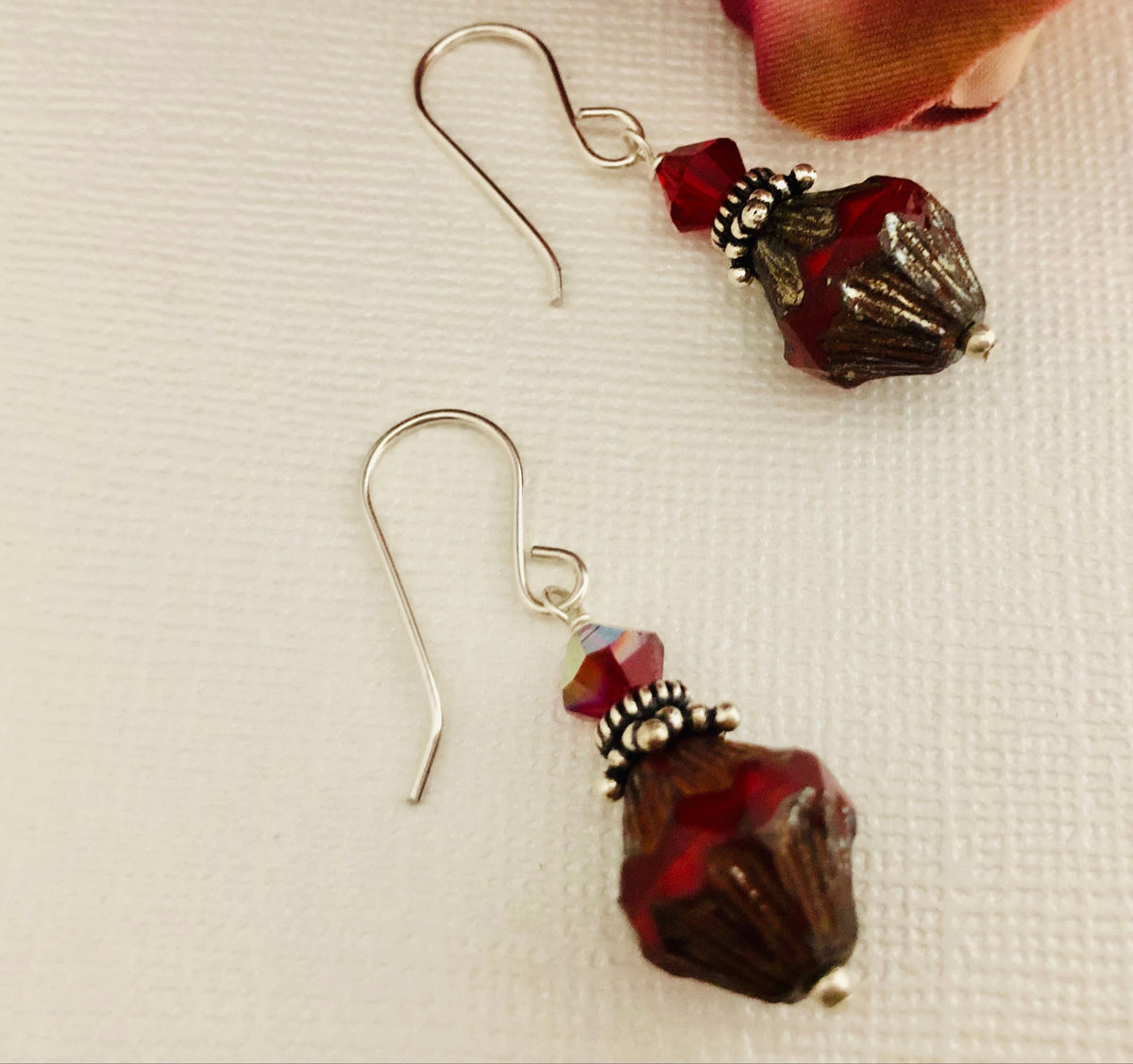 Red Baroque Czech Glass Bicone Drop Earrings with Swarovski Crystals, in Sterling Silver