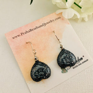 Black Czech Glass Bead Upside Down Heart Earrings in Sterling Silver