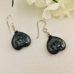 Black Czech Glass Bead Upside Down Heart Earrings in Sterling Silver