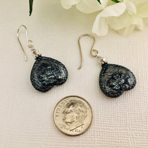 Black Czech Glass Bead Upside Down Heart Earrings in Sterling Silver