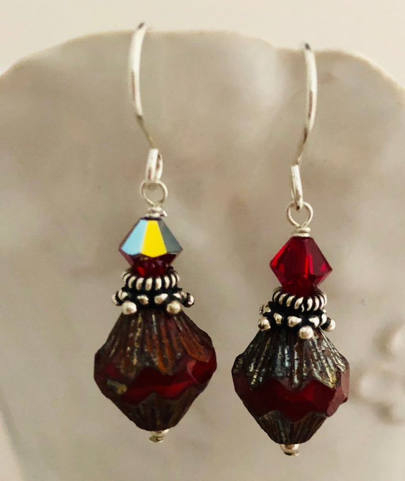 Red Baroque Czech Glass Bicone Drop Earrings with Swarovski Crystals, in Sterling Silver