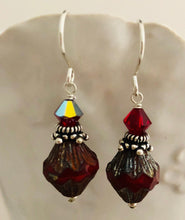 Load image into Gallery viewer, Red Baroque Czech Glass Bicone Drop Earrings with Swarovski Crystals, in Sterling Silver
