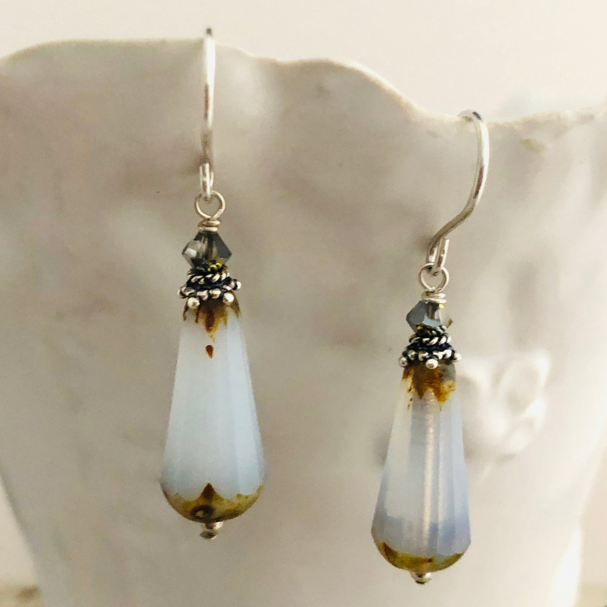 Czech Glass White Faceted Dangle Drop Earrings in Gold in Sterling Silver