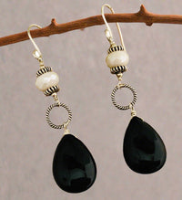 Black Agate and Moonstone Long Dangle Earrings