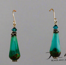 Load image into Gallery viewer, Czech Glass Caribbean Blue Faceted Dangle Drop Earrings, Sterling Silver
