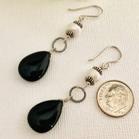 Black Agate and Moonstone Long Dangle Earrings