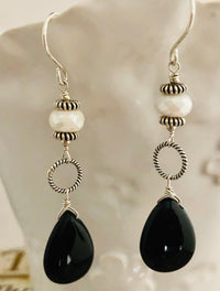 Black Agate and Moonstone Long Dangle Earrings