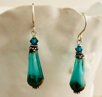 Czech Glass Caribbean Blue Faceted Dangle Drop Earrings, Sterling Silver