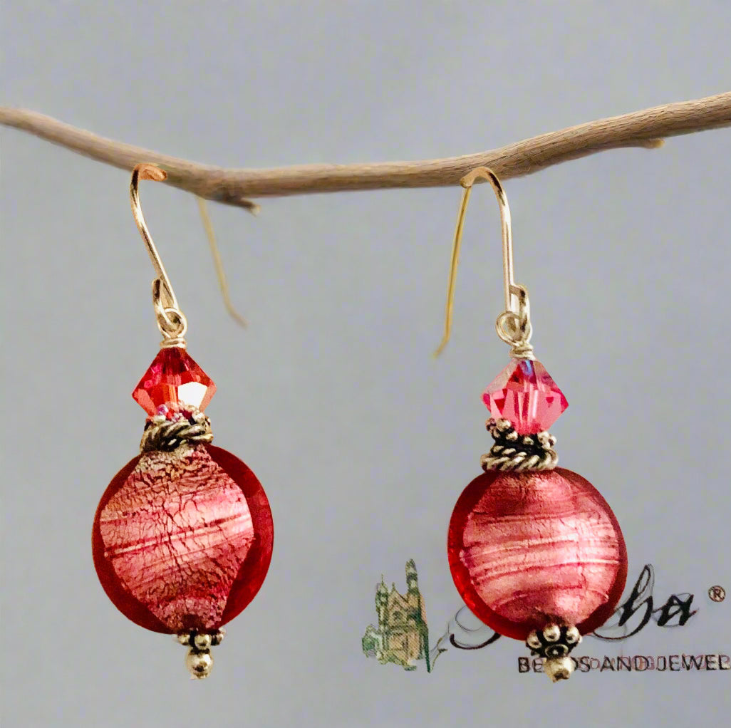 Pink Murano Glass Coin Earrings in Sterling Silver