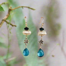 Load image into Gallery viewer, Long Swiss and London Blue Topaz and Pearl Dangle Earrings in Sterling Silver
