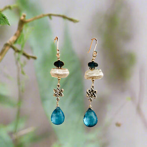 Long Swiss and London Blue Topaz and Pearl Dangle Earrings in Sterling Silver