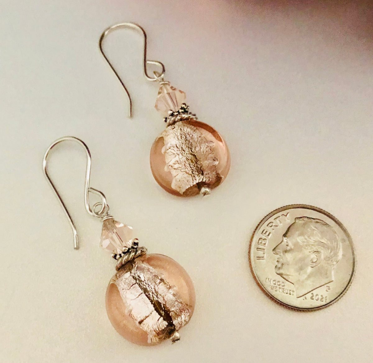 Light Peach Murano Glass Coin Earrings in Sterling Silver