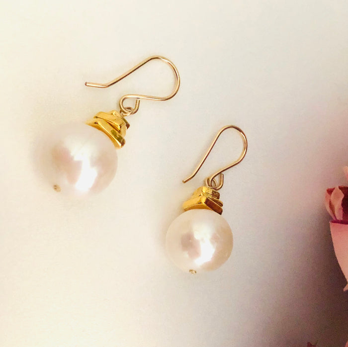 Huge Round Pearl Drop Earrings in 14K Gold Fill