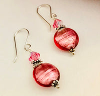 Pink Murano Glass Coin Earrings in Sterling Silver