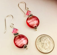 Pink Murano Glass Coin Earrings in Sterling Silver