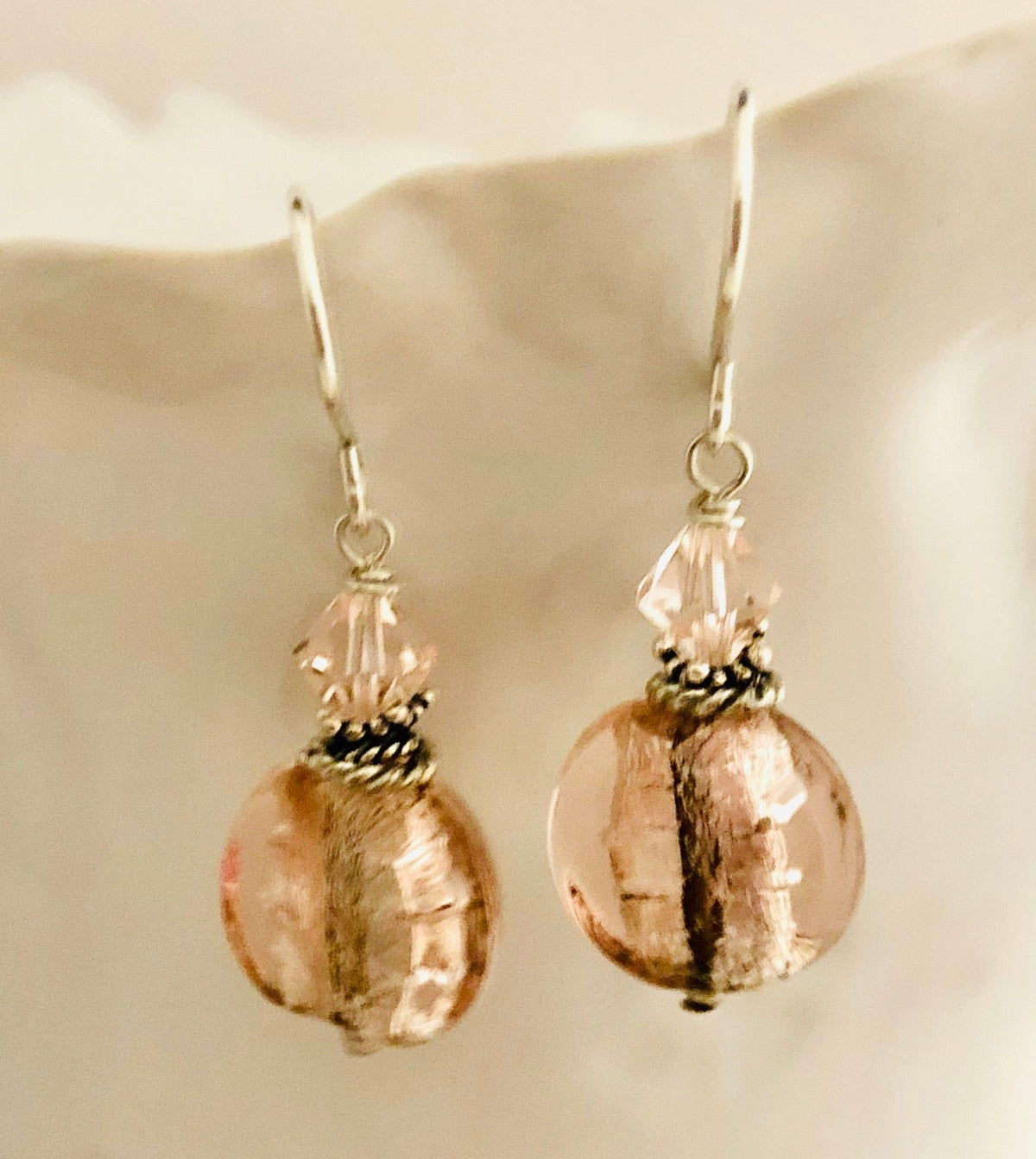 Light Peach Murano Glass Coin Earrings in Sterling Silver