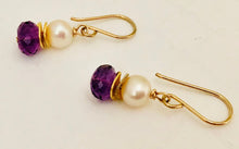 Load image into Gallery viewer, Amethyst and Freshwater Pearl Earrings in 24K Vermeil
