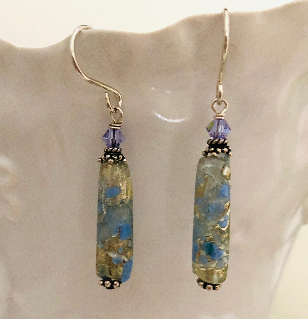 Czech Glass Lampwork Lavender Earrings in Sterling Silver