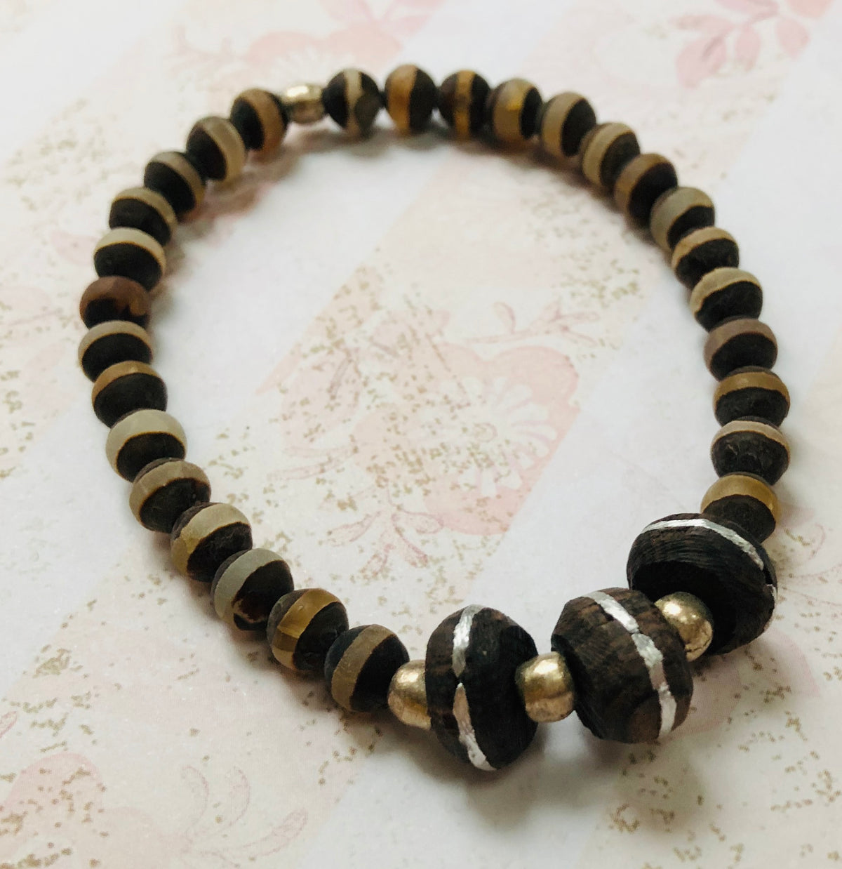 Ebony Mali and Tibetan Agate Stretch Bracelet