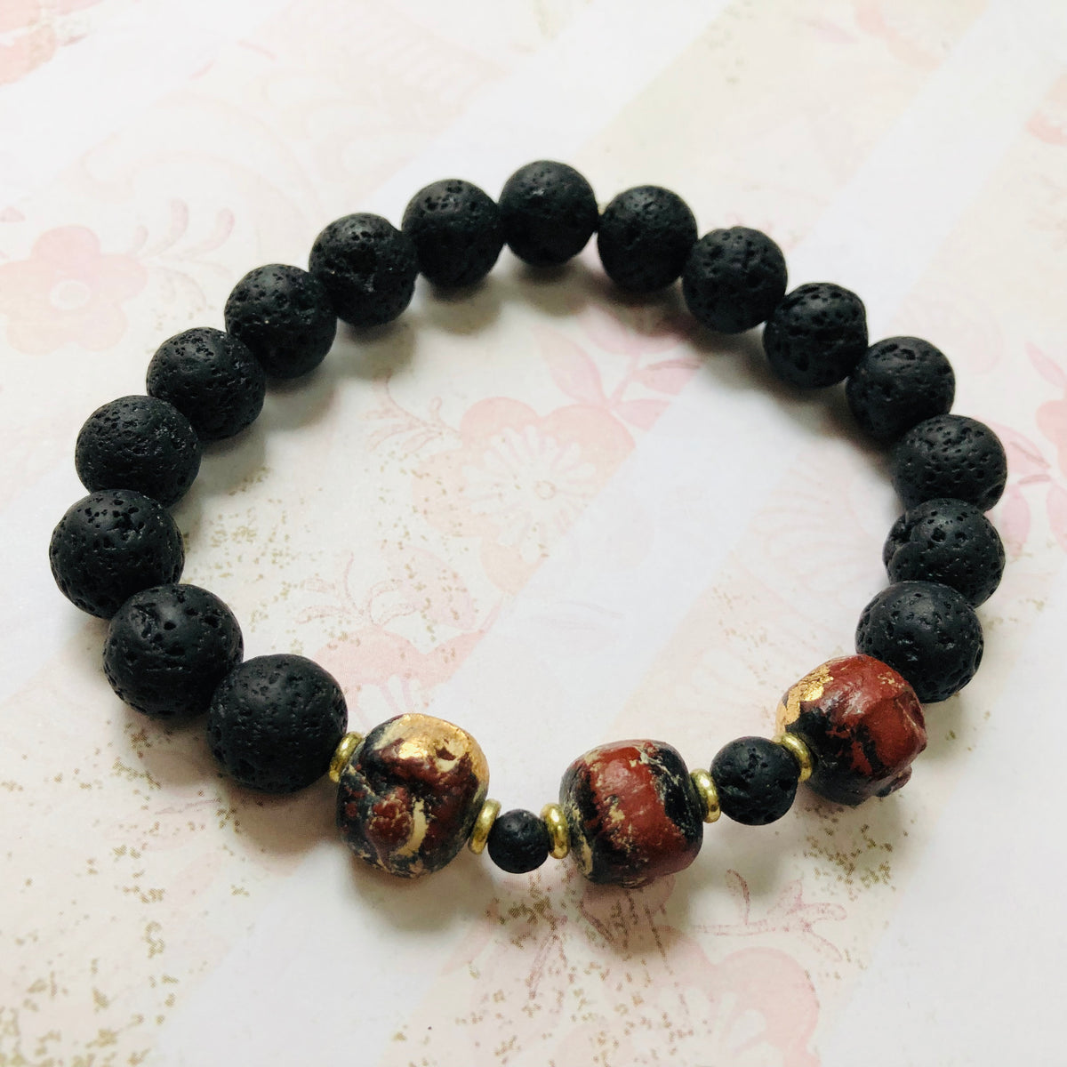 Clay Buddha and Lava Bead Stretch Bracelet