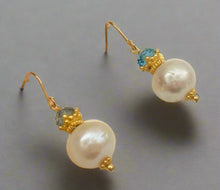 Load image into Gallery viewer, Freshwater Pearl and Swiss Blue Topaz Earrings in 14K Gold Fill
