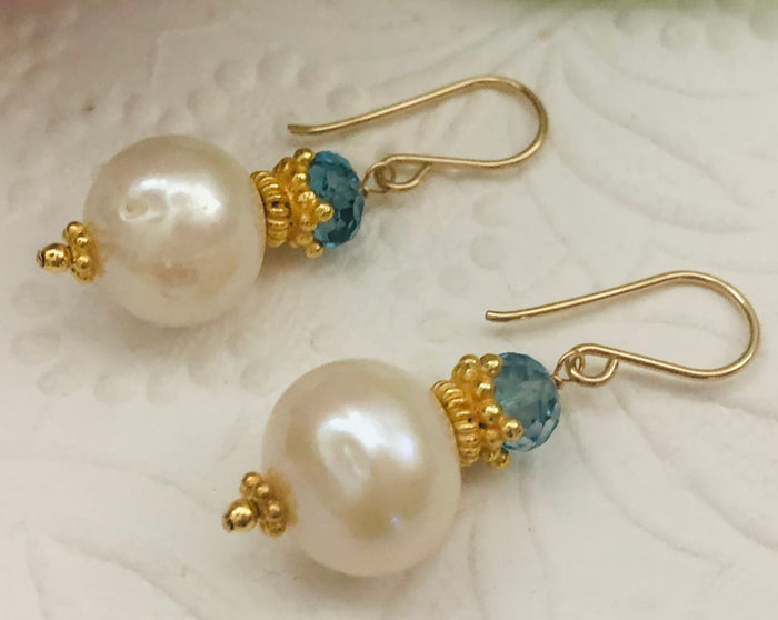 Freshwater Pearl and Swiss Blue Topaz Earrings in 14K Gold Fill