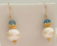 Freshwater Pearl and Swiss Blue Topaz Earrings in 14K Gold Fill