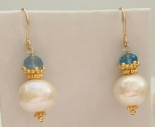 Load image into Gallery viewer, Freshwater Pearl and Swiss Blue Topaz Earrings in 14K Gold Fill
