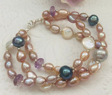 Load image into Gallery viewer, Pink and Grey Three-Strand Freshwater Pearl Bracelet in Sterling Silver
