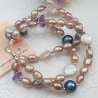 Pink and Grey Three-Strand Freshwater Pearl Bracelet in Sterling Silver