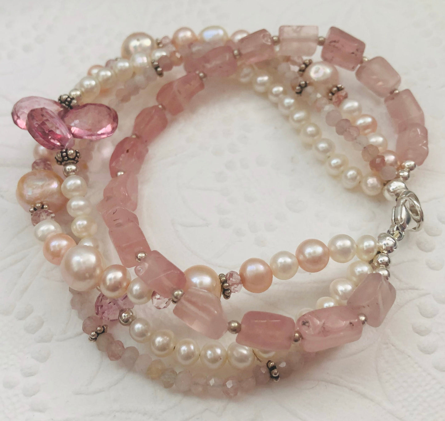 Pink Four-Strand Multi Gem and Freshwater Pearl Bracelet in Sterling Silver