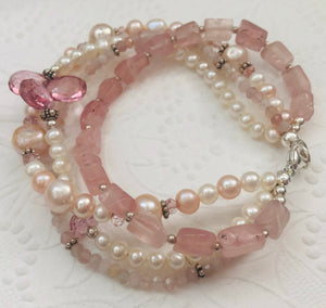 Pink Four-Strand Multi Gem and Freshwater Pearl Bracelet in Sterling Silver