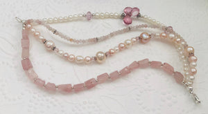 Pink Four-Strand Multi Gem and Freshwater Pearl Bracelet in Sterling Silver