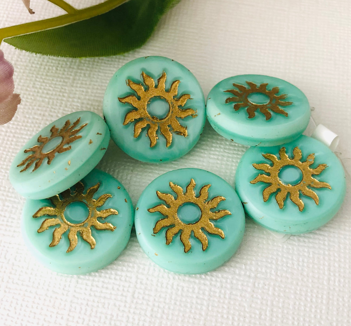 Czech Glass Sun Coin Matte Mint with a Gold Wash - Table Cut, 22 MM